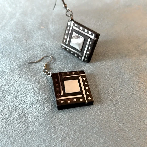 BoHo style wooden dangle earrings, light weight - Picture 2 of 5